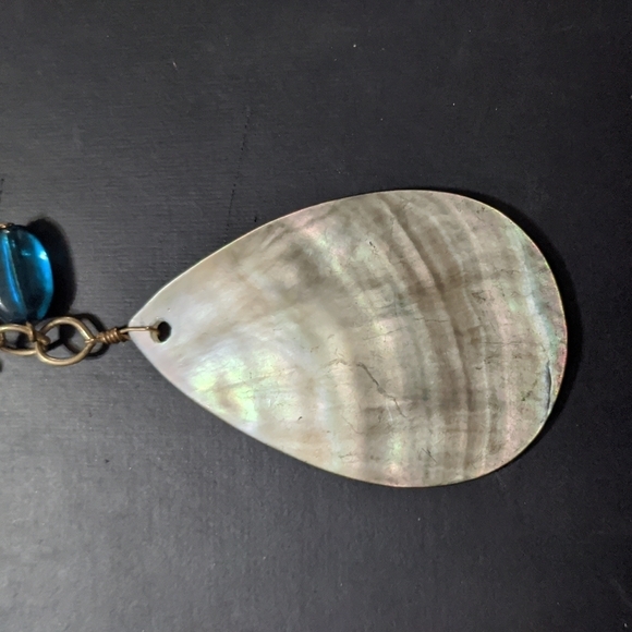 Gold Tone Blue Bead Disc Mother of Pearl Teardrop Long Statement Necklace - Picture 2 of 5